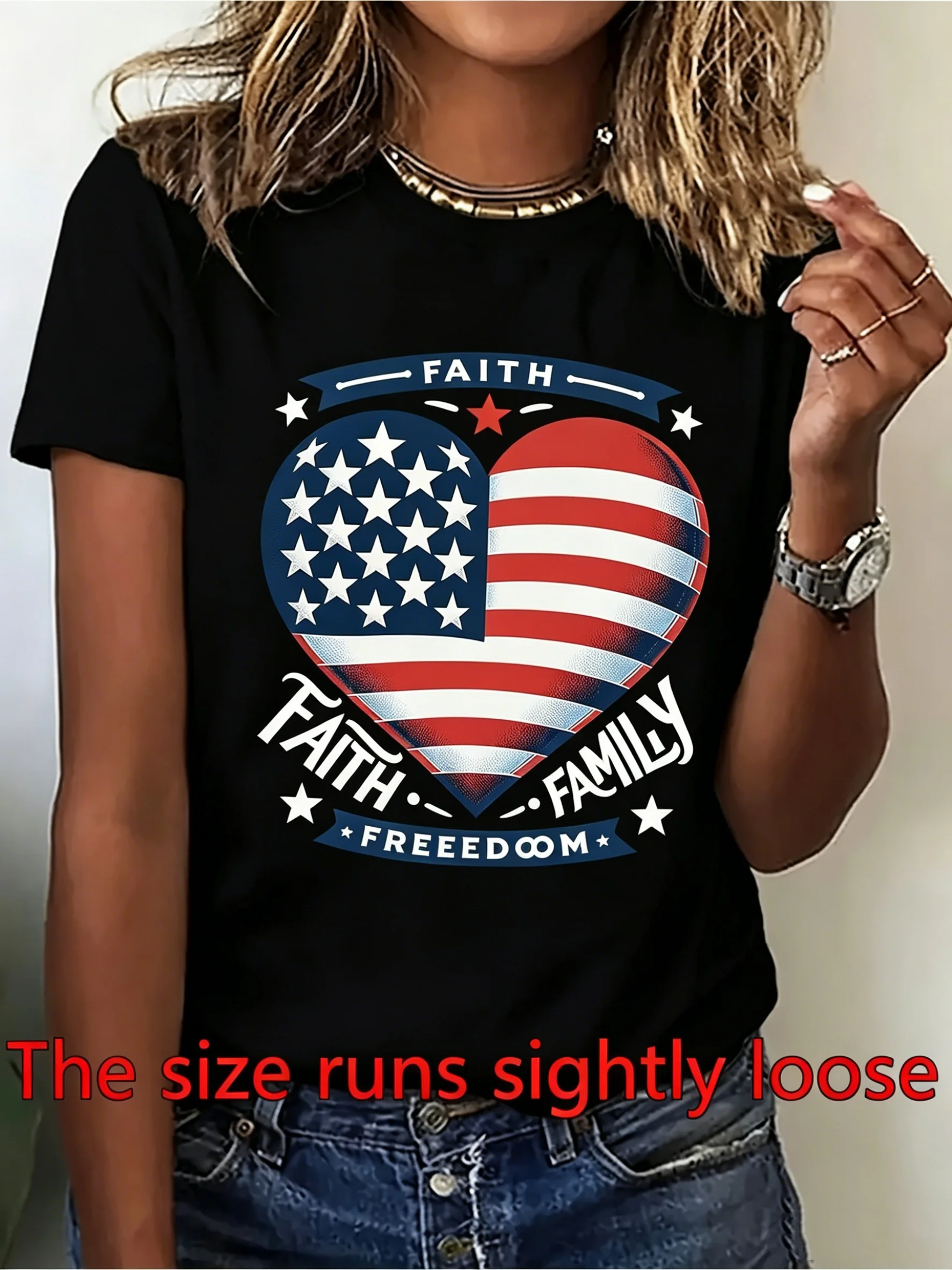 Plus Size Retro Patriotic Women Tshirt Letter Faith Family Freedom US Flag Heart Star Print Crew Neck Short Sleeve Soft Breathable Fabric Shirts Suitable for Independence Day Everyday Looks Year-Round Casual Wear