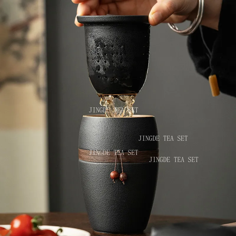 250ml Dark Stone Glaze Cat Ear Ceramic Office Tea Mug with Lid Portable Insulated Water Cup for Desk Home Daily Drinking Decor
