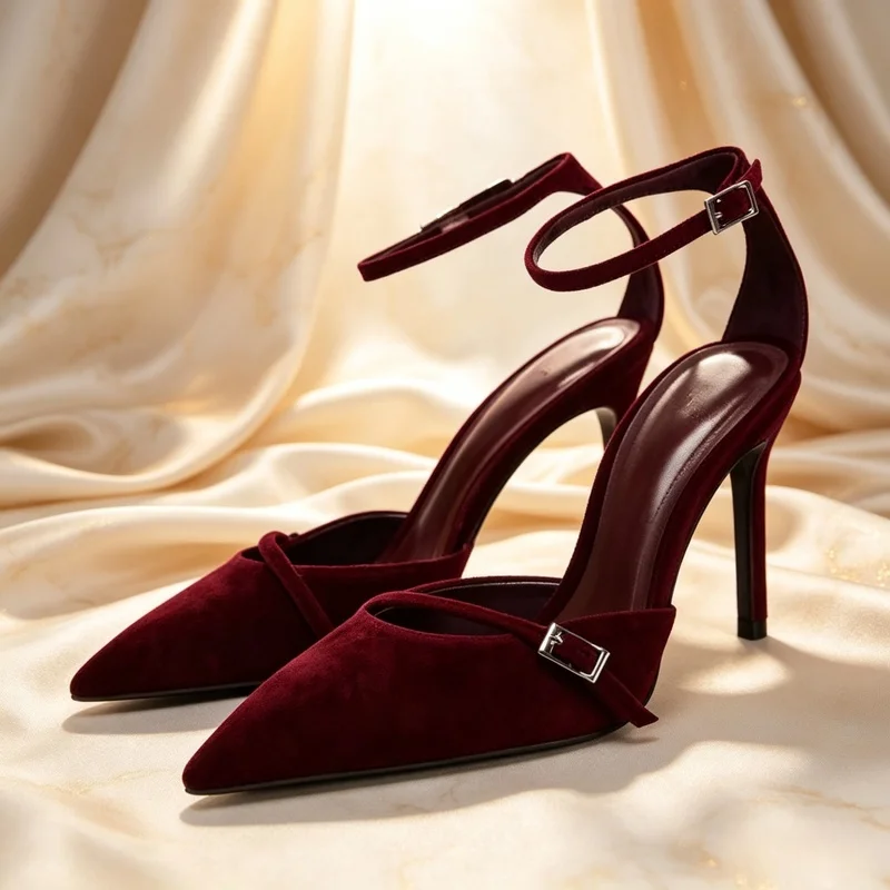 Women Pointed‑Toe Ankle‑Strap High‑Heel Pumps, Burgundy Suede With Adjustable Metal Buckle Design, Chic Romantic Wedding Party