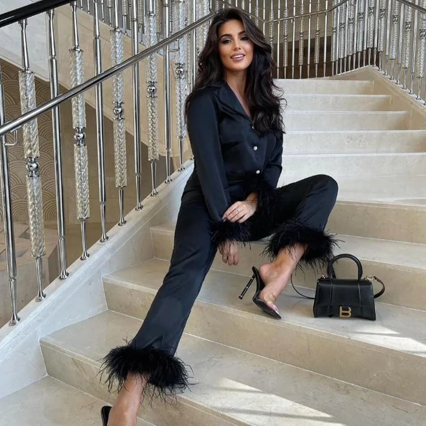HiLoc Black Fashion Feather Woven Pajamas Two-Piece Long Sleeve Lapel Single-Breasted Blouse Elastic Waist Ankle-Length Pants