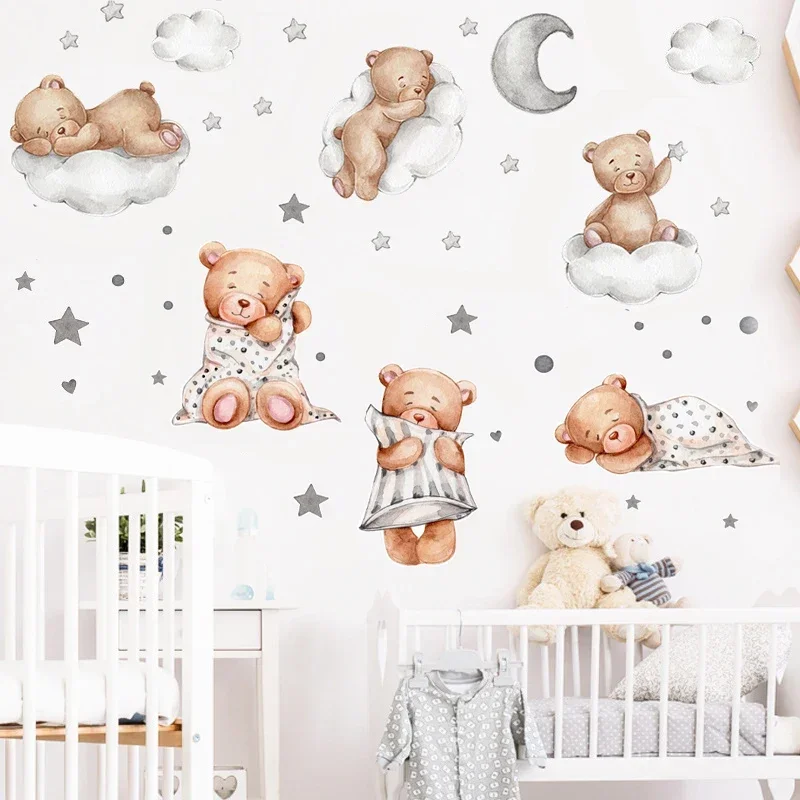 Cartoon Bear Good Night Kids Wall Stickers Baby Room Children Bedroom Wall Decals Clouds Moon Home Decoration Nursery Wallpaper