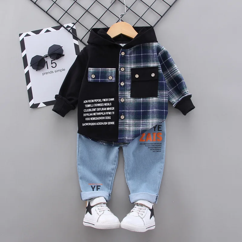 Baby Boy Clothes 0-5 Years Old Spring And Autumn Cotton Suit Boy Letter Plaid Hooded Shirt + Pants Baby Boy Two-Piece Suit