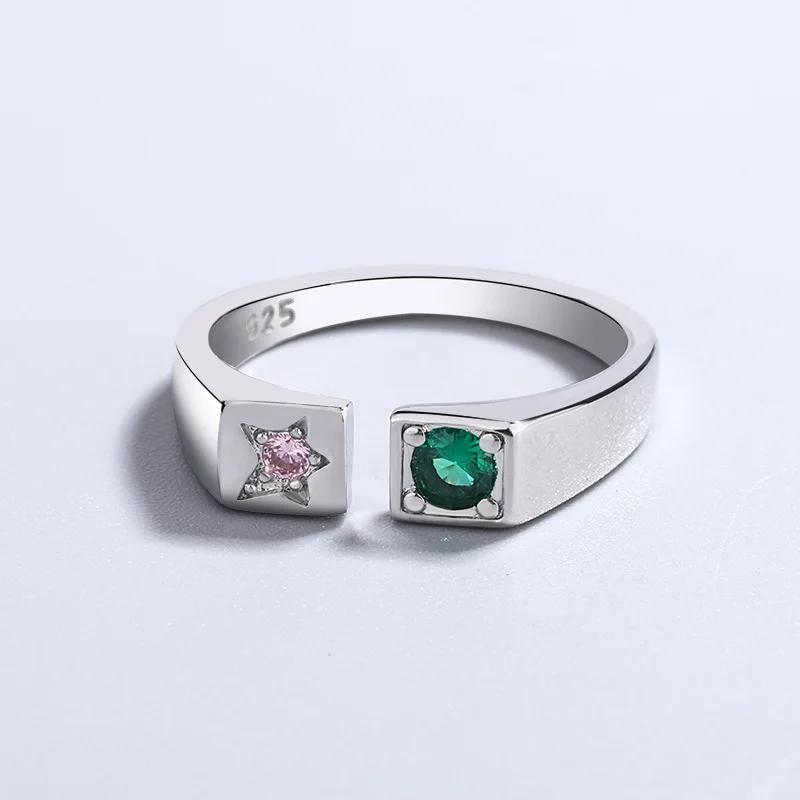 925 Sterling Silver Star Open Rings For Women Couple Pink Green Zircon Engagement Luxury Fine Jewelry Ladies Argent 925