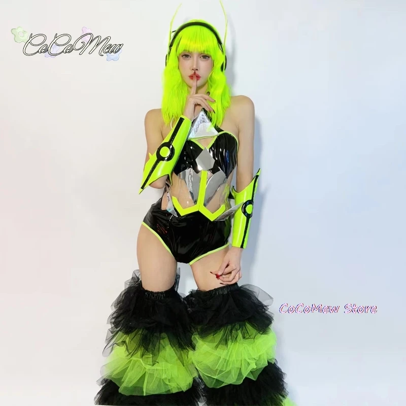 Fluorescencyjnych kolorach body na tort i nogi w stylu Tech Cosplay strój Rave kobiety Gogo kostium występ na scenie noszenia