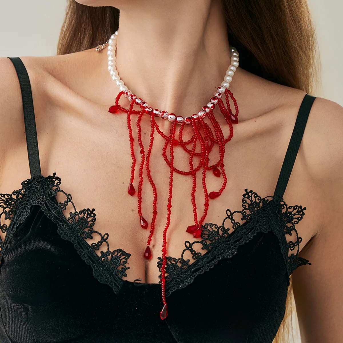 SHIXIN Gothic Red Crystal Bead Chain Tassel Necklace for Women Vintage Imitation Pearl Choker Halloween Jewelry Neck Accessories