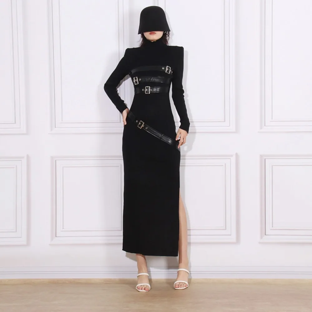 여성용 스플라이싱 벨트 스플릿 A 라인 드레스, 스탠드 칼라, 긴팔, 하이웨이스트, 슬리밍 원피스, 여성 패션, 용수철 가을 신상