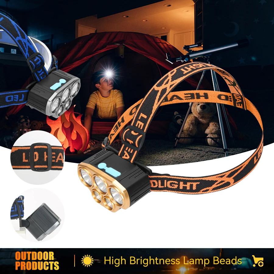 

High Power 5 LED Headlamp Usb Rechargeable Head Flashlight Built-in Battery Headlight Outdoor Camping Fishing Emergency Lantern