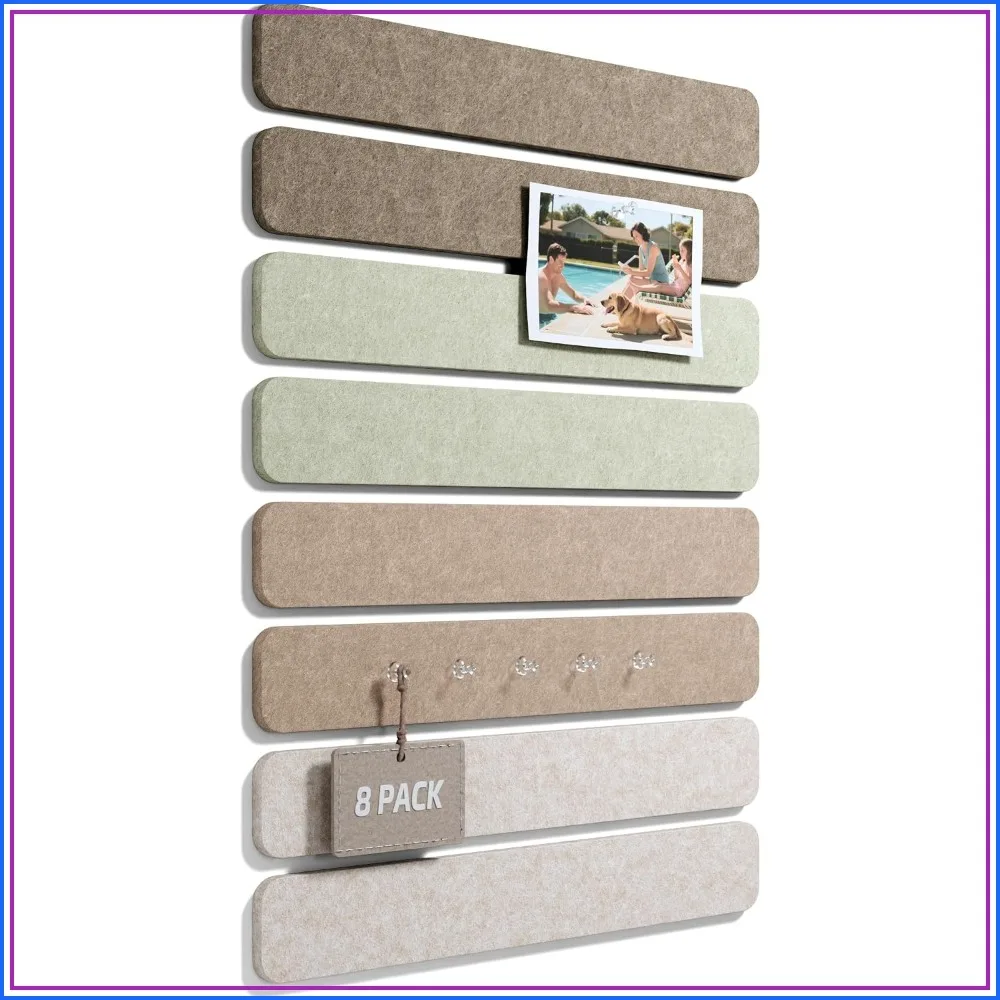Felt Strip Board 8-Pack 13x2 Inches, Office Pin Board with 50 Push Pins, Adhesive Install for Bedroom Door & Home Office (Linen Dusk)