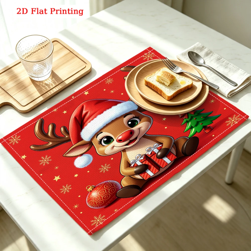 Cute Reindeer Holding Christmas Gift Kitchen Placemat Coaster Linen Pad Dish Coffee Cup Table Mat 30x40cm Home Decor