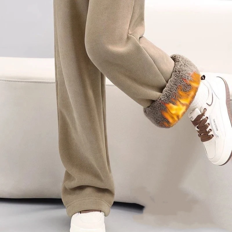 

Женская одежда, осенне-зимние однотонные толстые повседневные брюки с эластичной резинкой на талии, универсальные простые винтажные прямые брюки, модные Harajuku