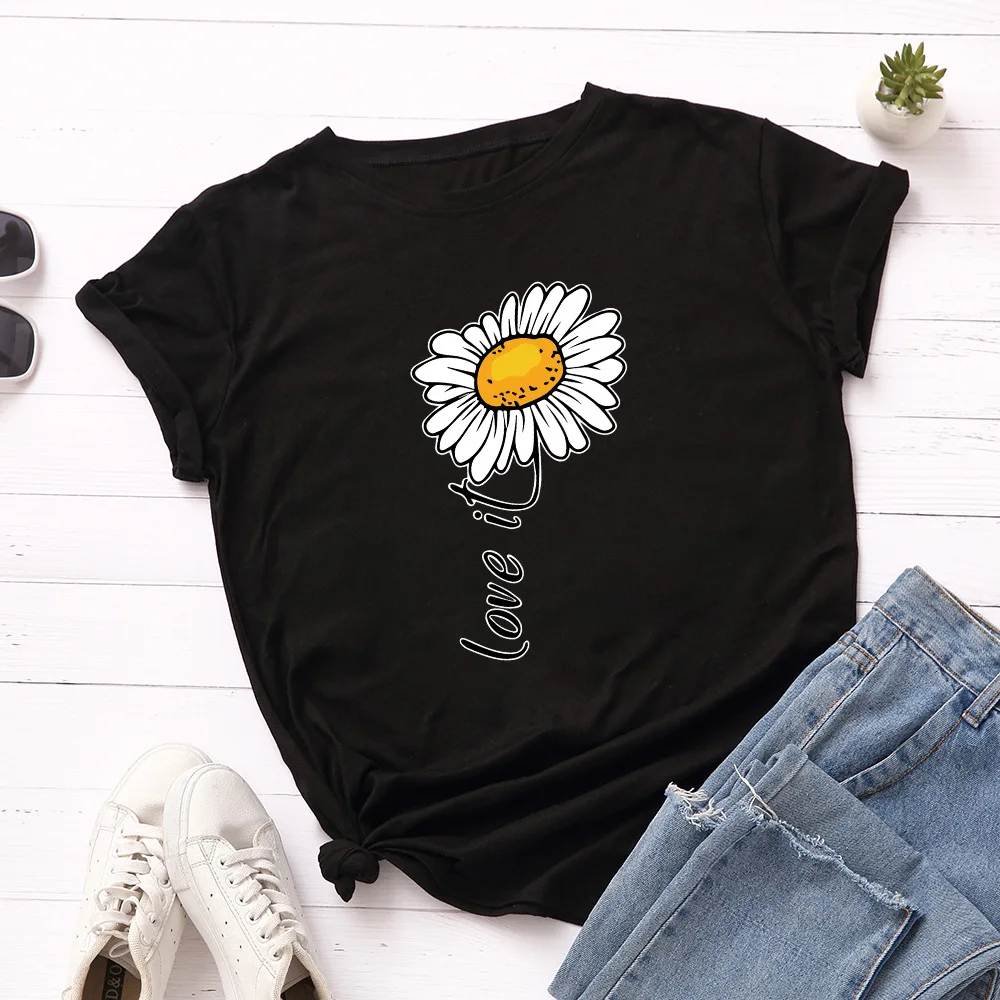 JFUNCY S-5XL Women T-shirts Female Short Sleeve Tee Tops Daisy Print Woman Casual Tshirt 2024 Summer Cotton T Shirt