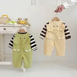 2024 Autumn Baby Boy 2PCS Clothes Set Cotton Striped Pullovers Cartoon Elephant Solid Overalls Suit Toddler Boys Outfits