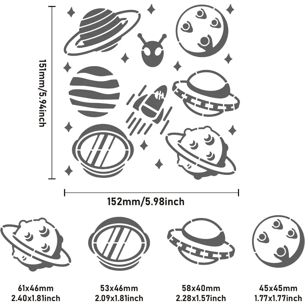 Space Theme Metal Stencil Square Stainless Steel Planet Aliens Rockets Template Stencil for Scrapbooking Engraving Pyrography