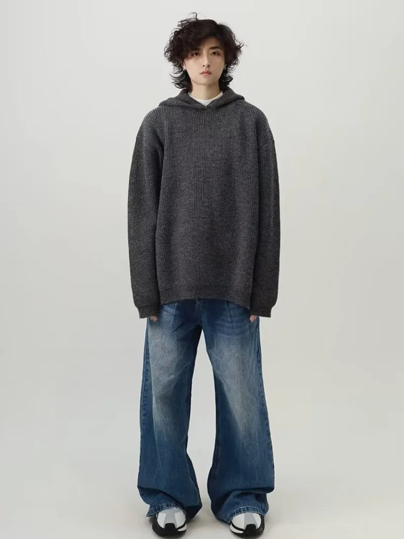 2026 Autumn Winter Simple Solid Color Knitted Men's Hoodie Tops Korean Fashion Casual Loose Hooded Sweatshirt Coats Streetwear