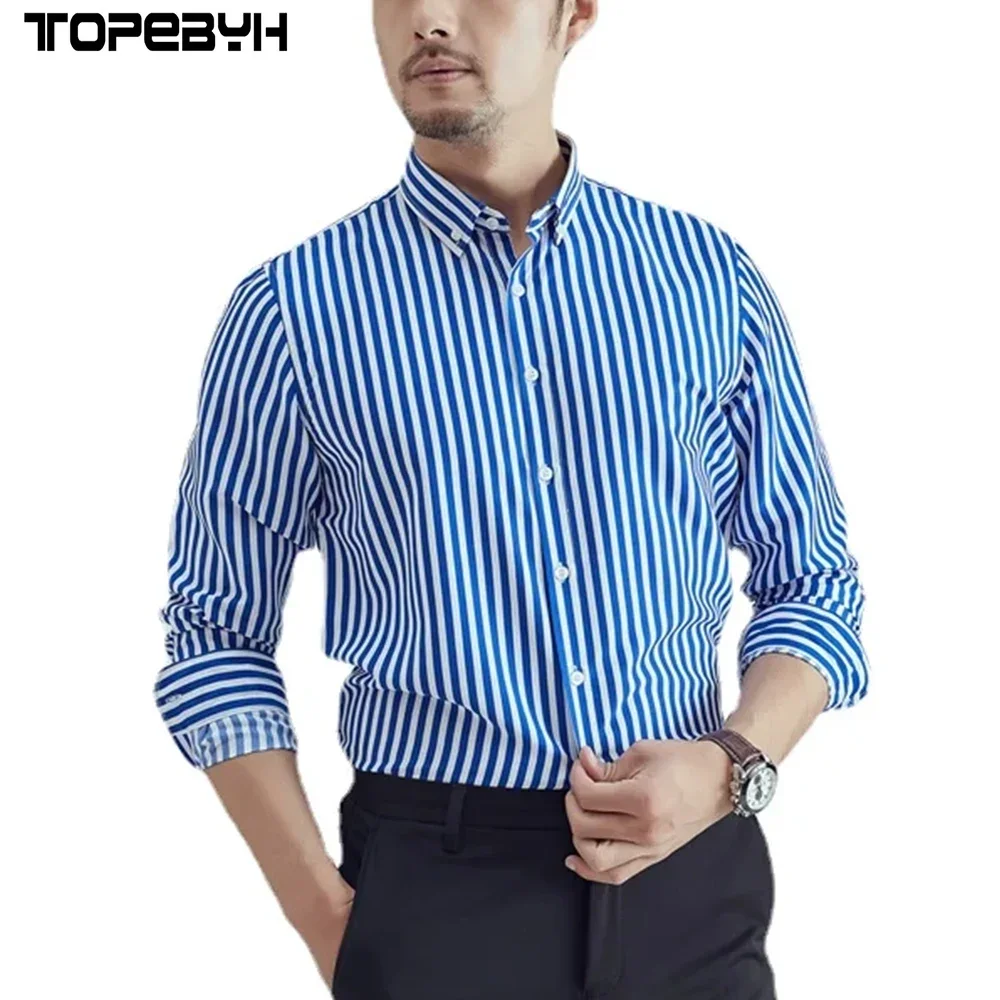 

New Trend Casual Cotton Mens Shirts Button Soft Thin Business Long Sleeve Stripe Shirt Lapels Outwear Streetwear