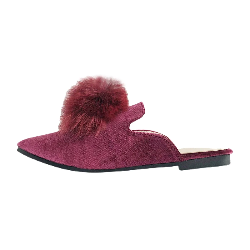 Women Mules Pointed Toe Flock Leather Big Furry Ball 2022 Spring Summer Stylish Slippers for Women Size 33-43 Solid Color Flats