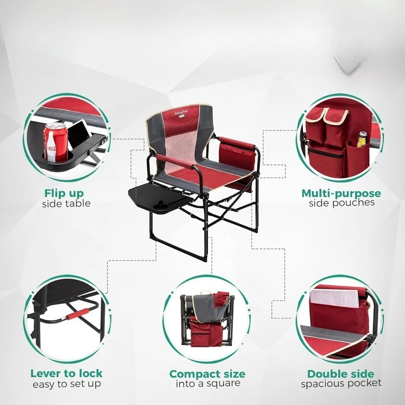 Camping Directors Chair, Heavy Duty,Oversized Portable Folding Chair with Side Table, Pocket for Beach, Fishing