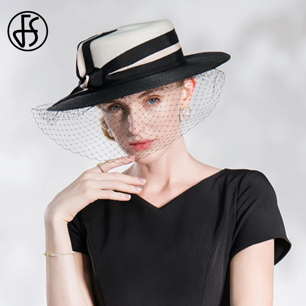 FS Formal Occasion Hats For Women With Veil Elegant Church Sun Visor Cap Ladies Black White Patchwork Fedoras Luxury Female 2024