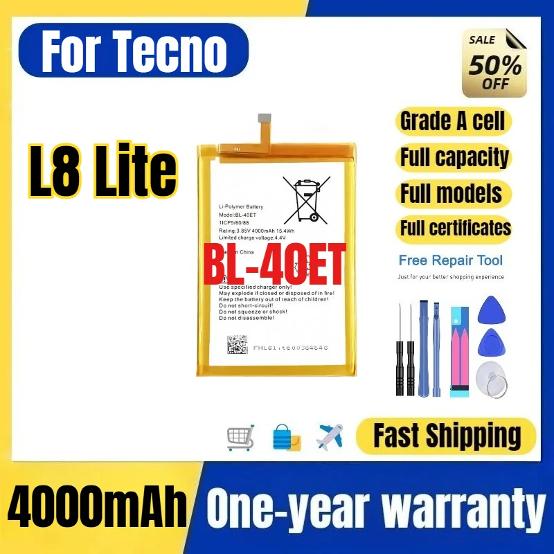 BL-40ET for Tecno L8 Lite Phone Battery 0 Cycle High Quality High Capacity Battery Replacement Bateria Grade A Cell with Tools