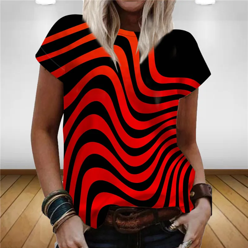 Women Summer Fashion Striped Theme T-Shirts Tops Female 3D Print Round Neck Simple T Shirt Rainbow 3D Casual Oversized Tees