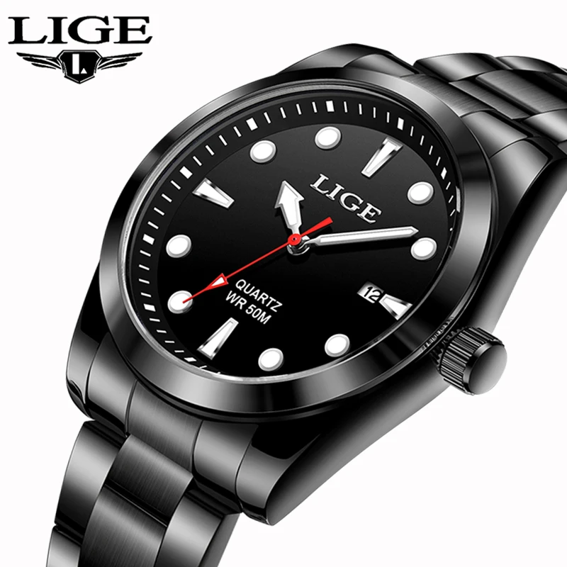 LIGE original men\'s watch top classic waterproof stainless steel strap simple business calendar quartz wristwatch reloj hombre