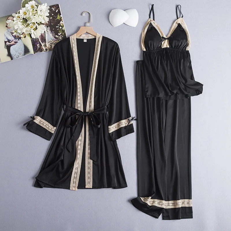 3PCS Pajamas Set Lace Strap Sling Pants Sleep Suit Spring Satin V-Neck Sleepwear Nightwear Sexy Kimono Robe Gown Home Clothes