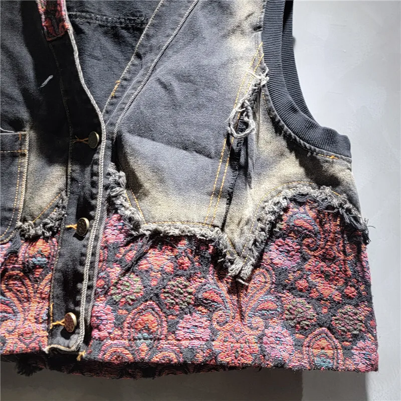 WTHT Trendy Women Contrast Color Patchwork Do Old Denim Vest Bandage Elastic Waist Loose Harem Jeans Female 2025 Autumn 1LS2544