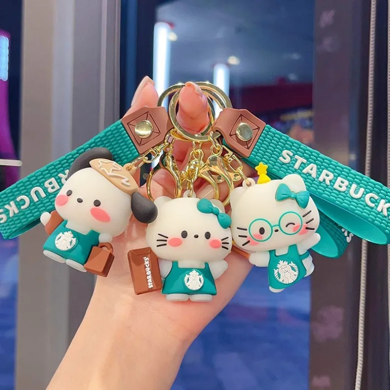 Sanrio Starbucks Cartoon-Anhänger Schlüsselanhänger KT Katze Pacha Hund PVC-Puppe Anhänger Schlüsselanhänger Rucksack Taschenzubehör Schlüsselring