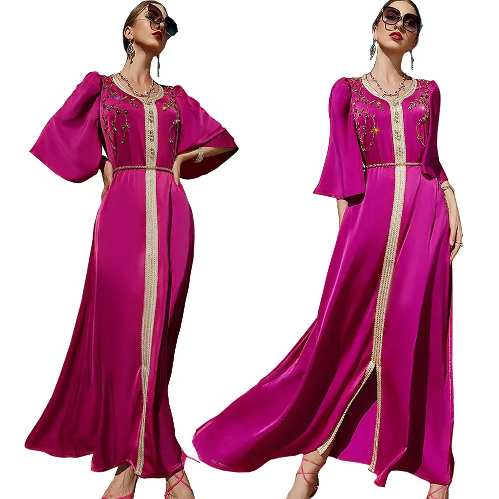 

Ramadan Dubai Kaftan Muslim Women Long Dress Satin Abaya Arab Middle East Islamic Luxury Rhinestone Party Gown Moroccan Jalabiya