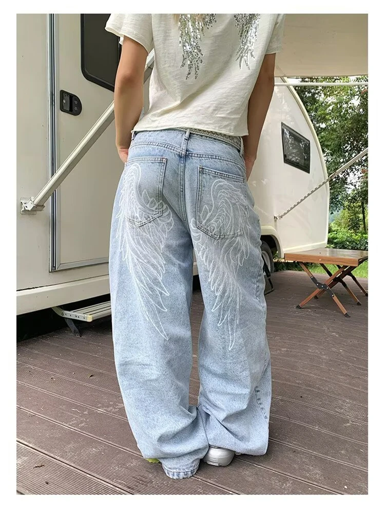 Women's Wing Print Pattern Jeans Cool Girl Retro Bottoms Street Blue Casual Pants Wide Leg Sweatpants Female High Waist Pants