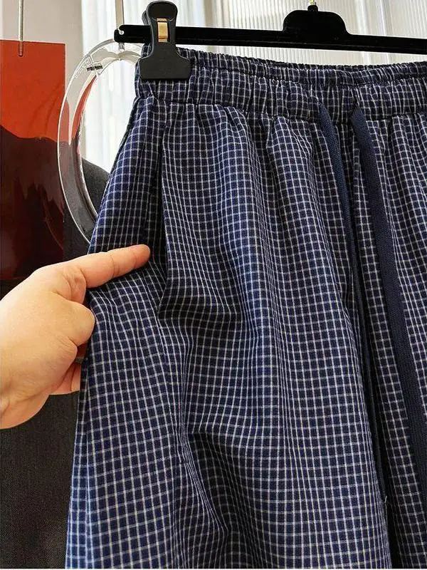 Summer Fashionable Versatile Thin Retro Pants Small Check Comfortable Lazy Style Loose Wide Leg Casual Pants Women