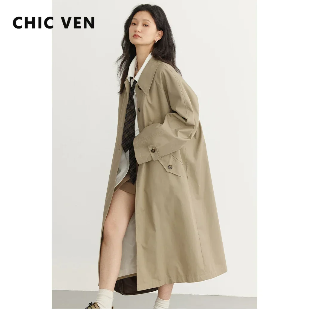 CHIC VEN Women\'s Long Trench Coat Casual Outerwear Loose Ladies Overcoat Single Breasted Female Windbreaker Spring Autumn 2023