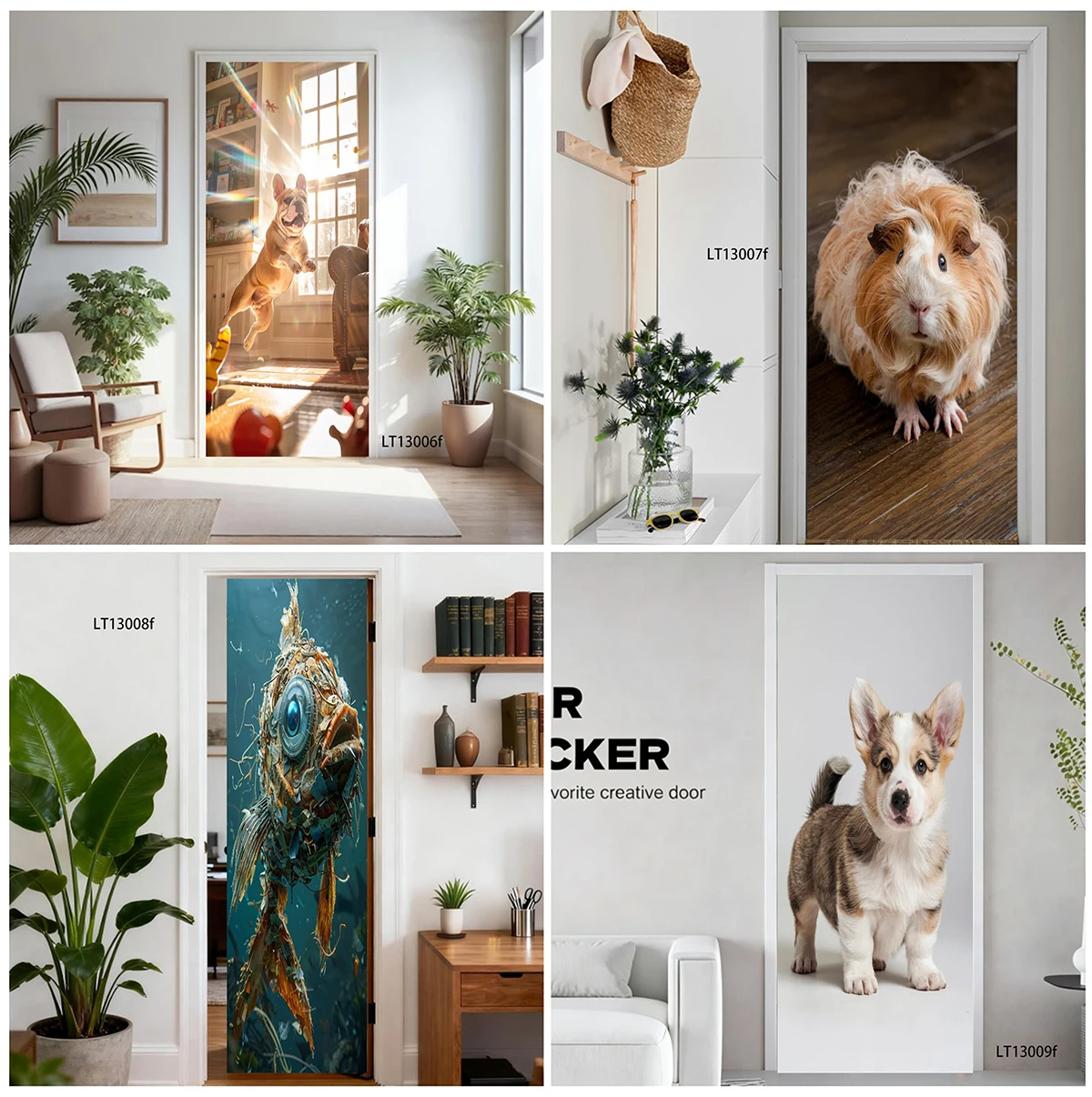 Cute Bulldog Puppy Realistic Animal Door Sticker Waterproof Self Adhesive Decal Tear Resistant Indoor Home Door Wrap Decor