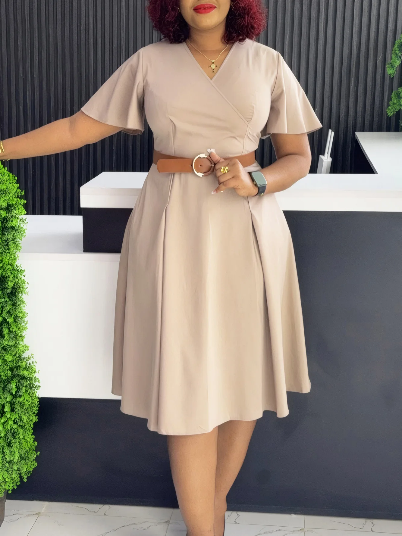

2025 Summer V-Neck Flared Sleeve Casual A-Line Dress Women's Fashionable Dress New Style