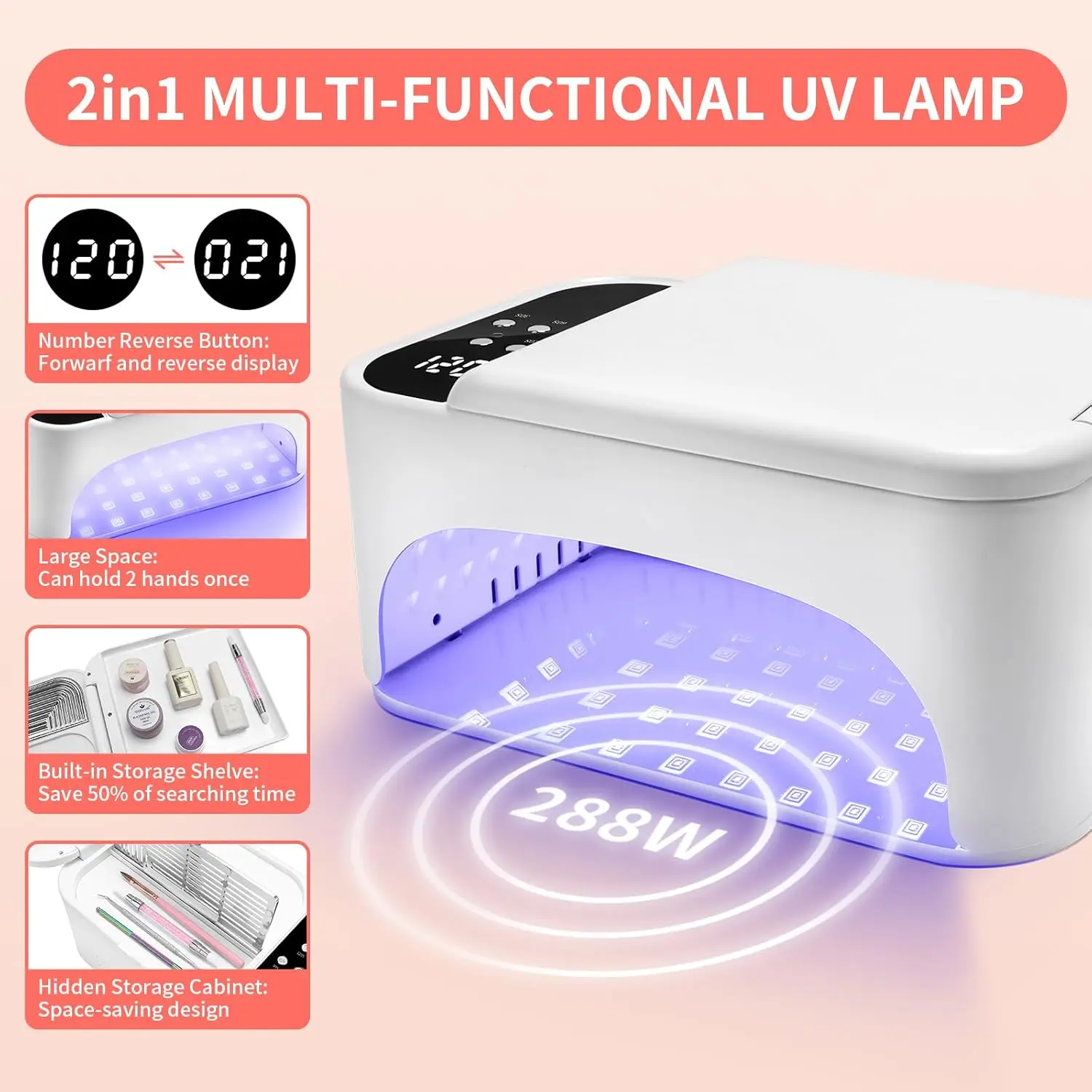 مصباح أظافر LED 3 في 1 بقدرة 288 وات للأشعة فوق البنفسجية، 4 إعدادات للمؤقت، شاشة عكسية، 108 خرزة، معالجة سريعة