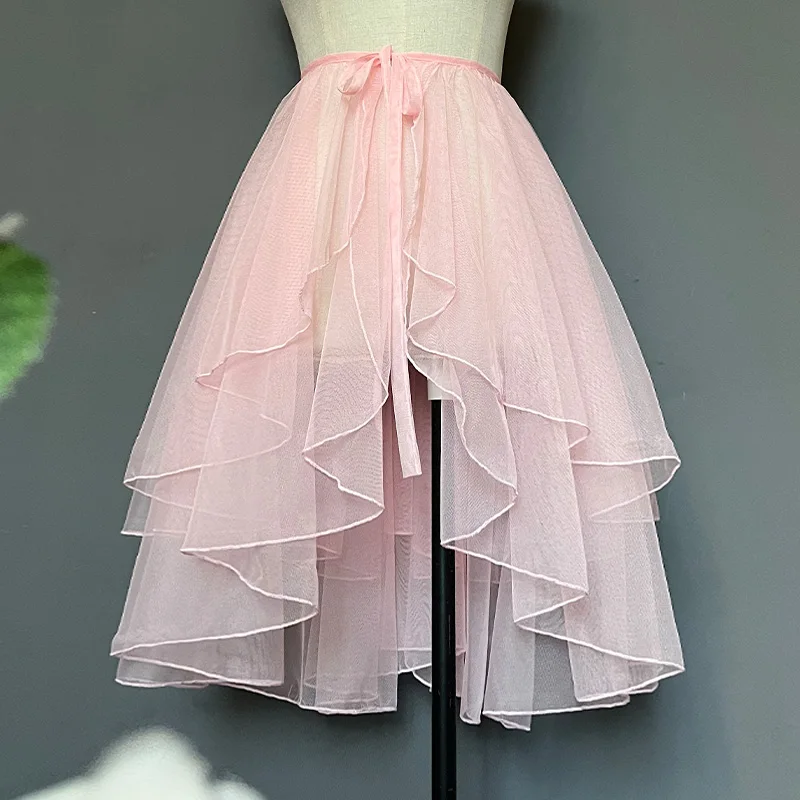 

Double Layered Waist Curtain Sheer Asymmetrical Mesh Cover up Skirt Women Summer Sweet Lolita JSK Kwaii Skirts