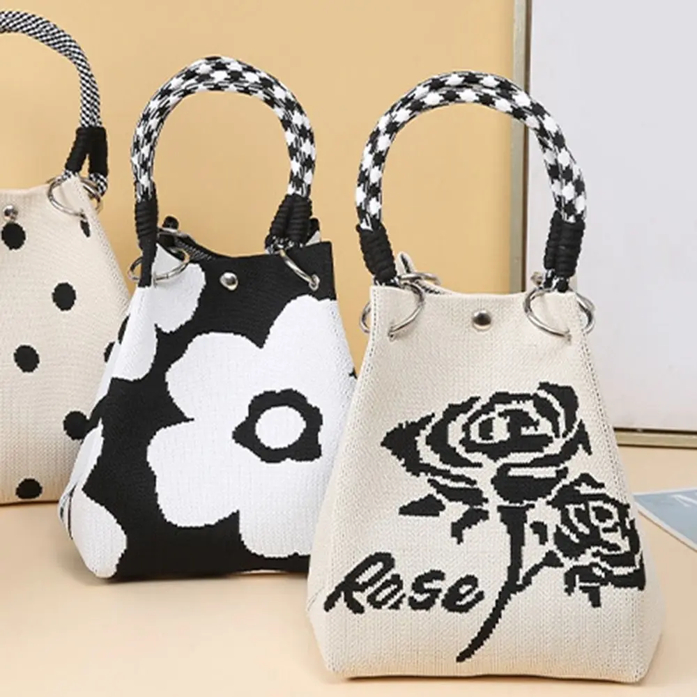 Fashion Cartoon Knitted Bucket Bag Large Capacity Woven Ring Buckle Shoulder Bag Handmade Handbag for Women Girls