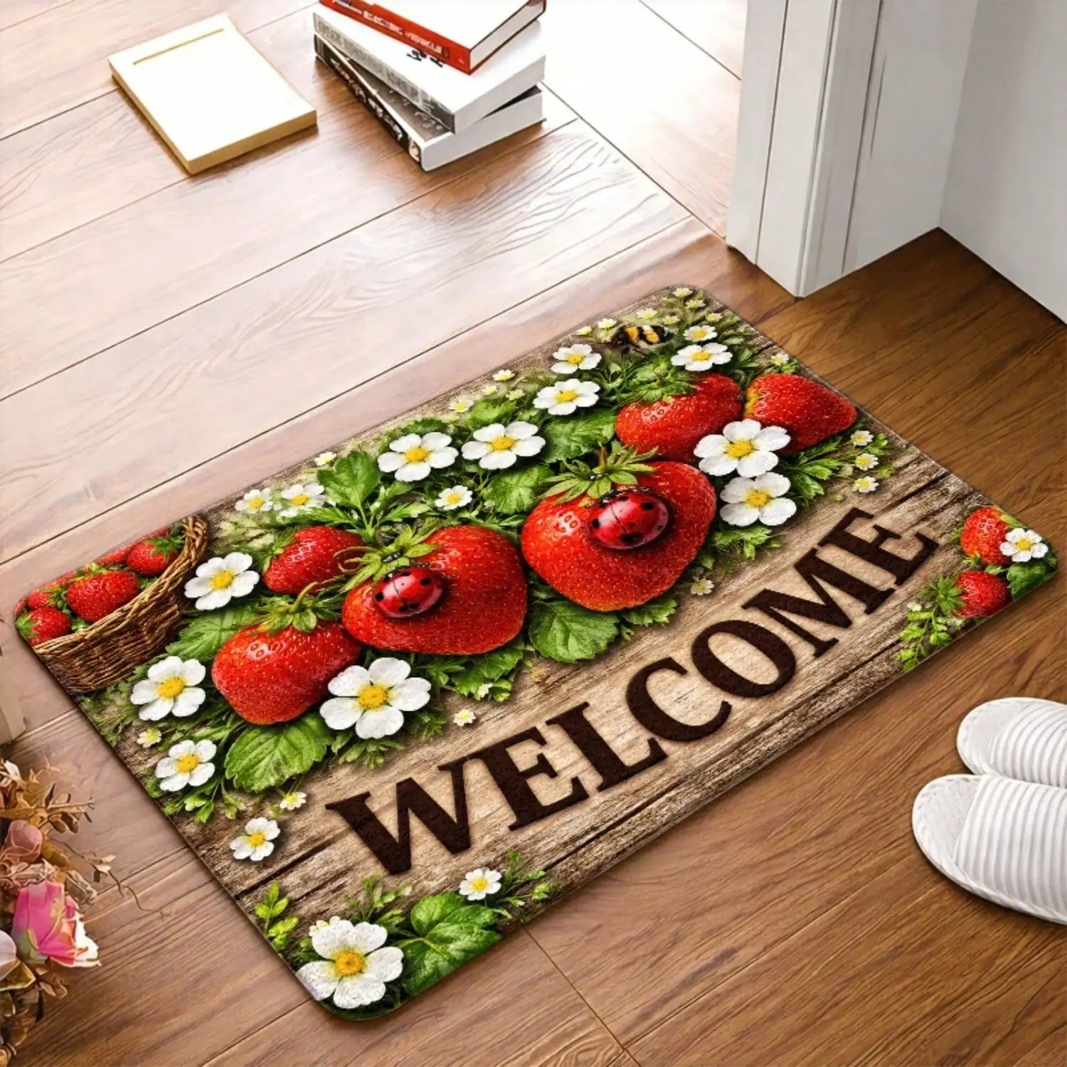 1pc, Flannel Non-Slip Rubber Sole Strawberry Welcome Mat, Durable And, Machine Washable, Widely Applicable For Living Room, Bedroom, Office, Indoor, Bathroom