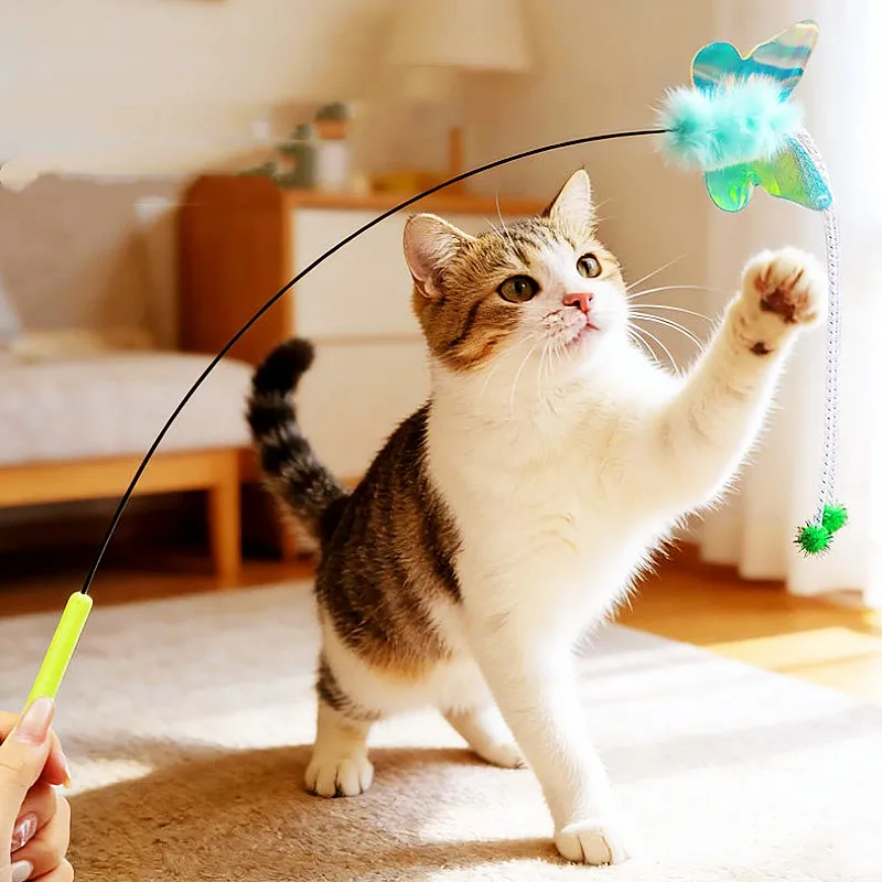 

Cat Toy Feather Stick Cats Scratch Toy Plush Butterfly Toys for Cats Sticks Teaser Steel Wire Cat Toys Interactive Pet Supplies