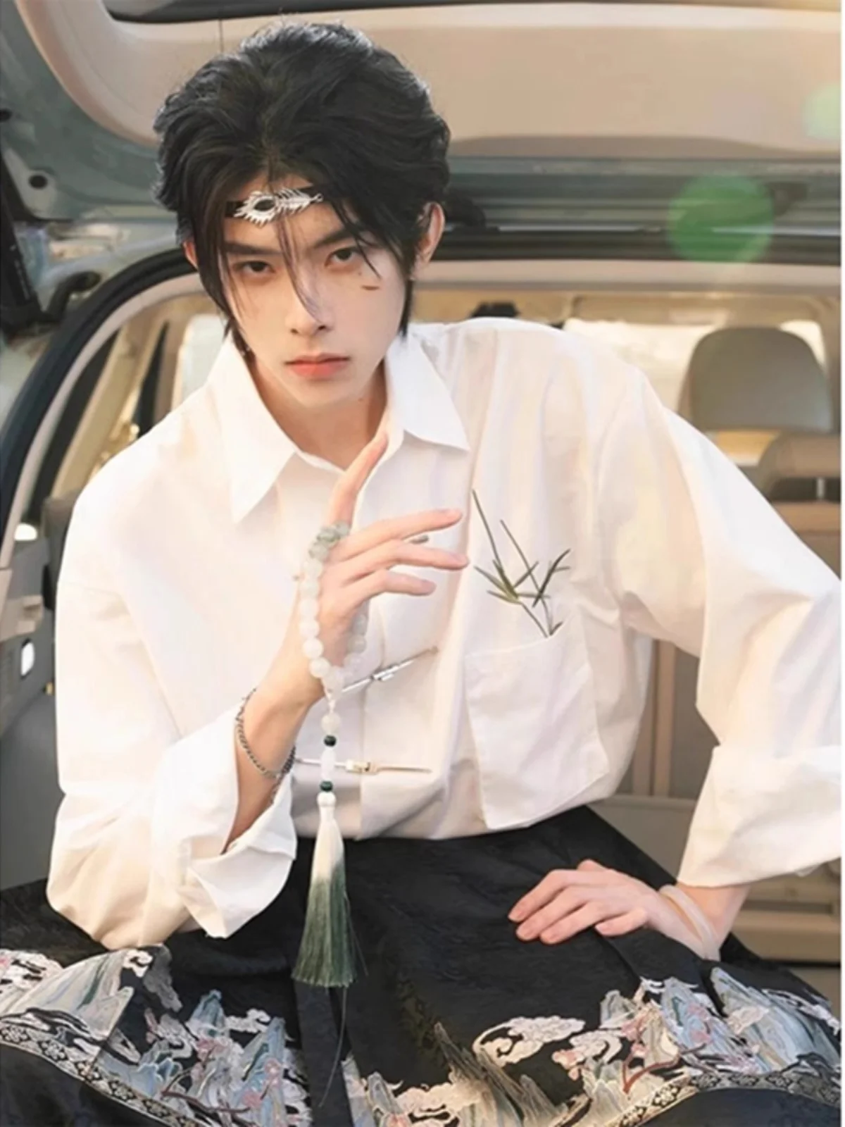 

New Chinese Sle Embroidered Bamboo irt Jaet Men's Hanfu Tang Costume Casual Metal Bule Spring irt Loose Fit Youth T...