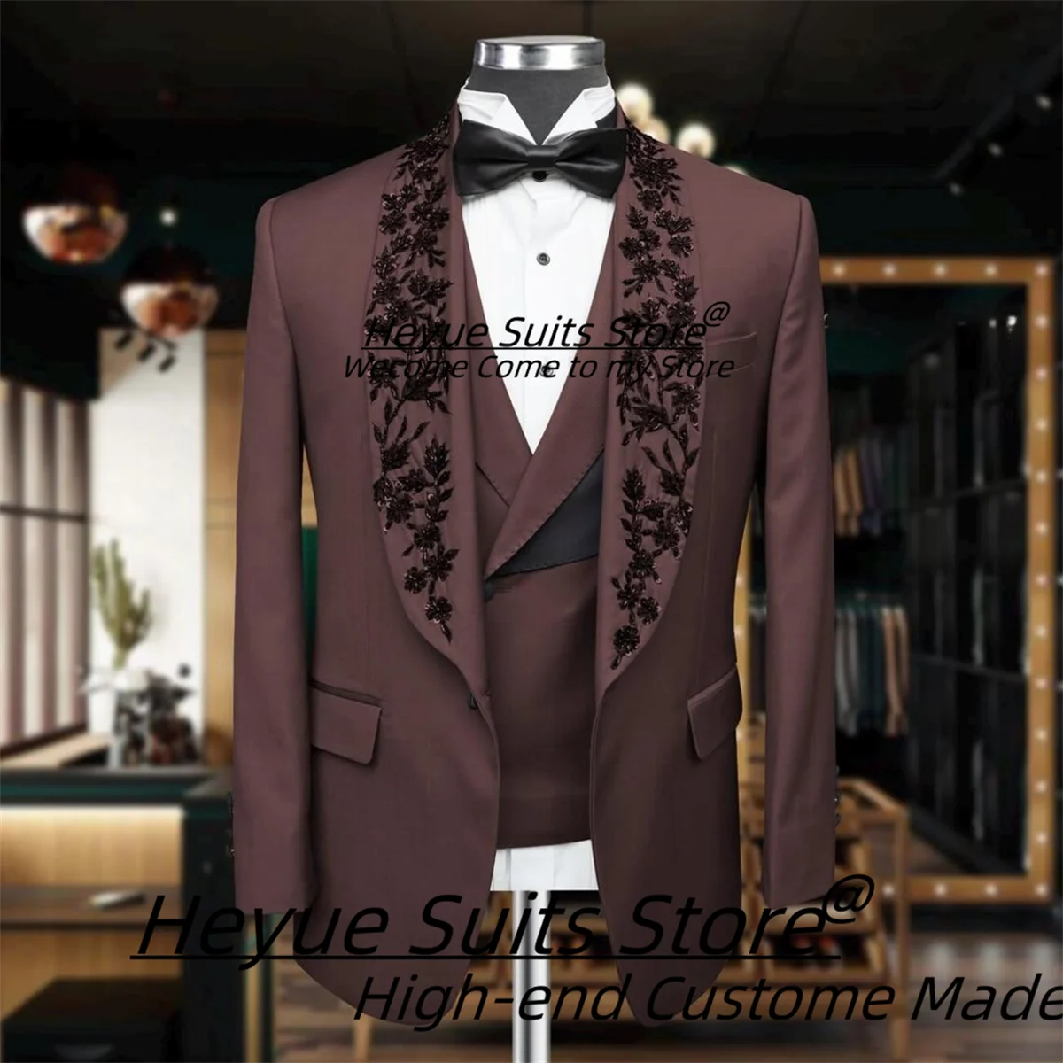 

Burgundy Fashion Men Suits Customized Embroidery Shawl Lapel Groom Wedding Tuxedos 2 Pieces Sets Male Prom Blazers Costume Homme