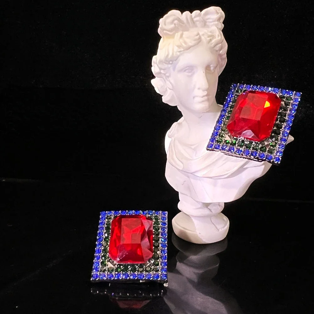 

Vintage Exaggerated Earrings for Women Red Crystal Square Stud Earring Literary Retro Temperament High-grade New Fashion Jewelry