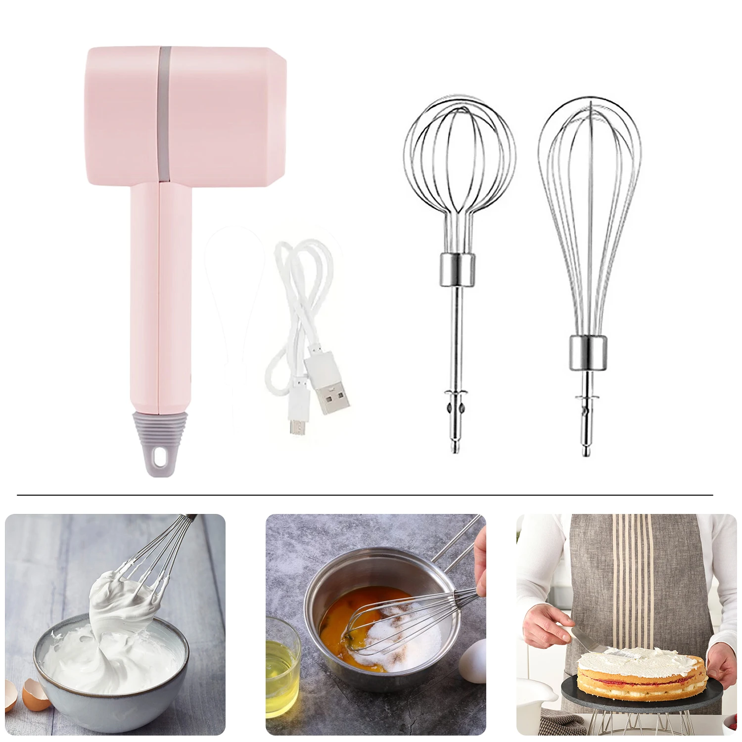 Mini Electric Egg Beater, Handheld Mixer, Cream Whipper, Battery Power, Wireless Electric Egg Beater, with 2 Mixing Head
