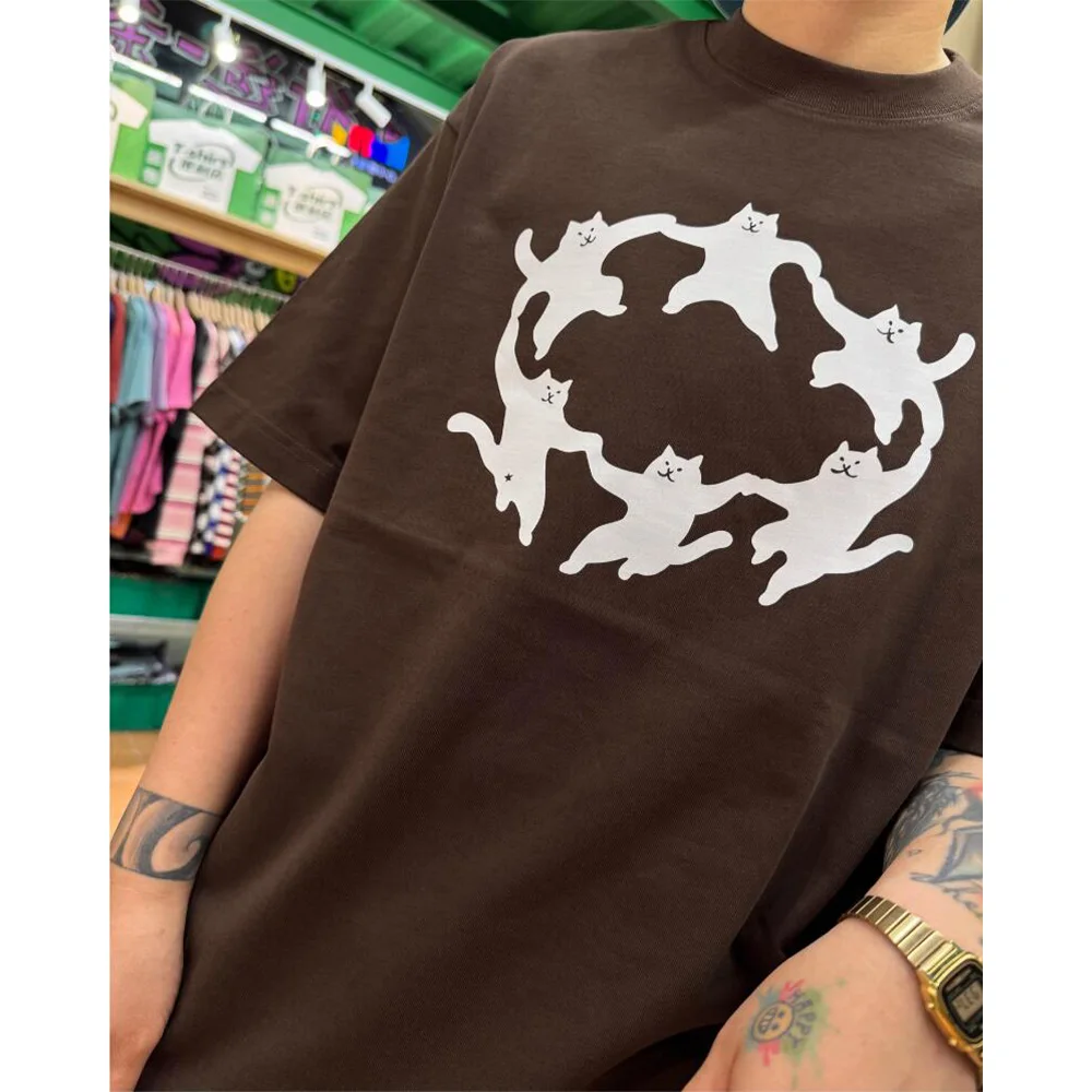 Funny Dancing Cats Printing Graphic Tees Unisex Loose 230g Thick Cotton High Quality Summer Tops Tumblr Fashion Loose T Shirts