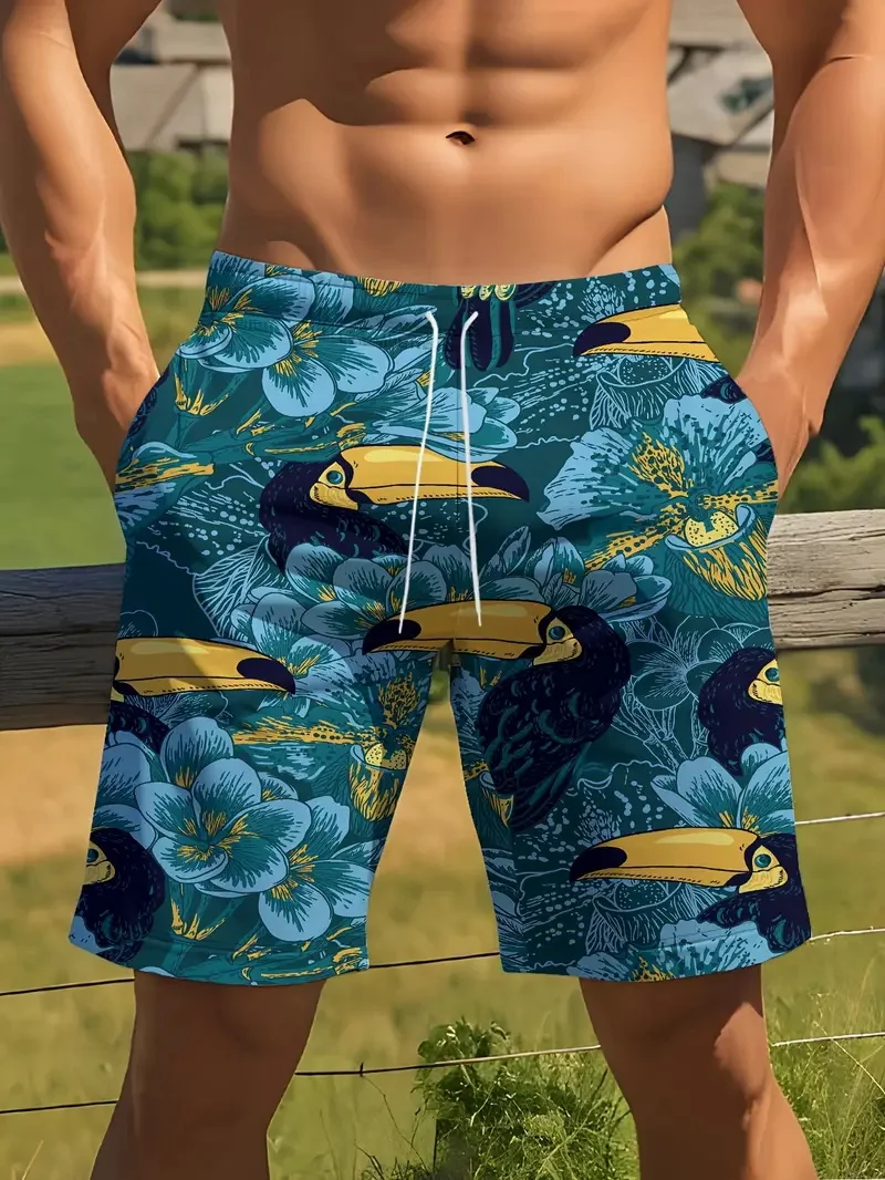 Men's Tropical Parrot Print Drawstring Shorts Full Print Summer Oversized Beach Shorts Men's Swimming Trunk Beachwear