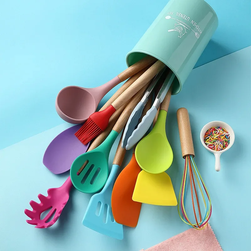 Kitchen Multi-Color Silica Gel Kitchen Ware Set Non-Stick Cooking Ladel 12 Sets Kitchen Utensils Building Blocks Handle Ladel