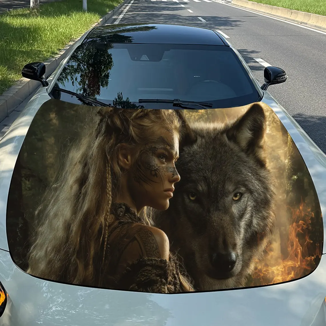 

Tribal Sorceress and Blazing Wolf Spirit Car Vinyl Wrap, PVC Material Waterproof Car Hood Sticker, Self-Adhesive Scratch-Resista
