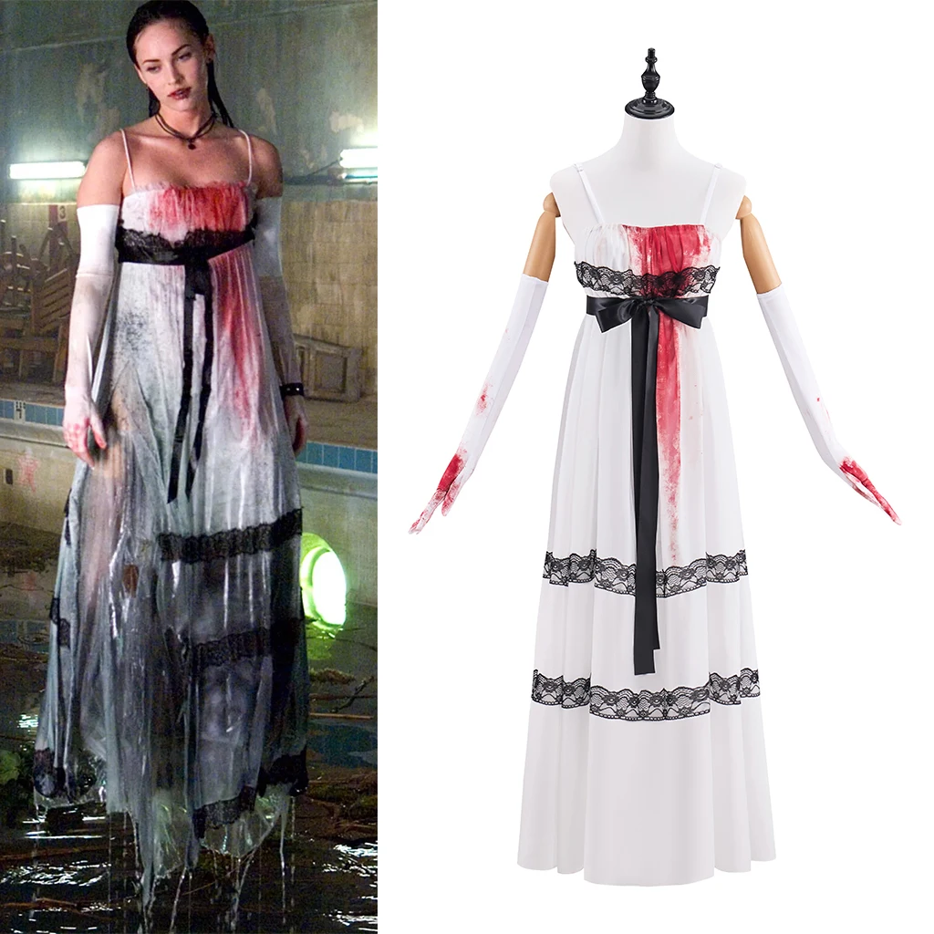 

Horror Movie Jennifer's Body Cosplay Jennifer Check White Sling Dress Halloween Carnival Party Ghost Disguise Walking Costume