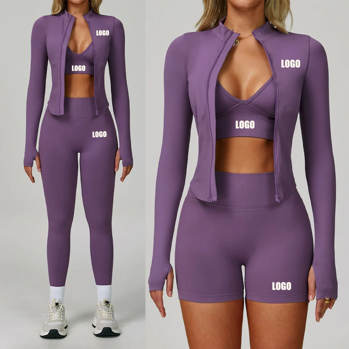 Custom LOGO women's seamless tight yoga quick-drying fitness suit outdoor running cycling sports three-piece set