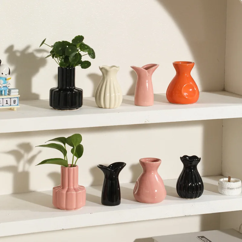 Ins Creamy Ceramic Small Vase Room Decor Cute Fake Flower Desktop Ornament Office Decoration